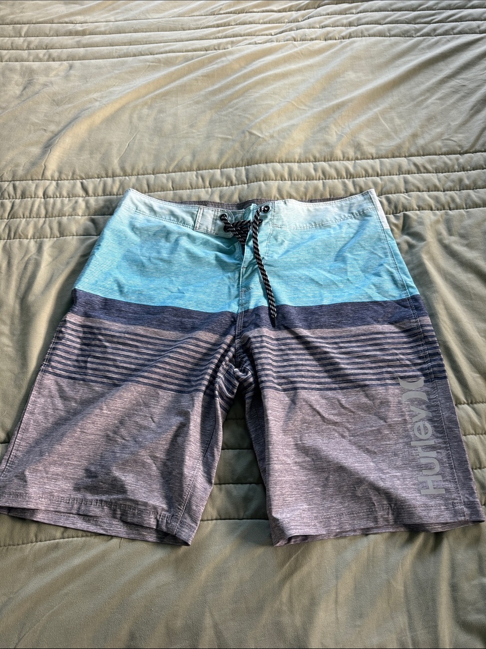 Hurley Men’s Teal and Gray Striped Board Shorts